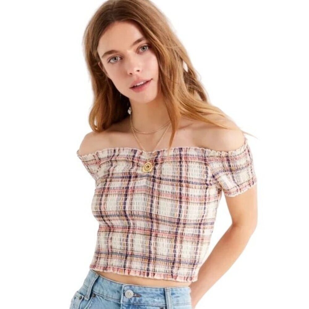 Urban Outfitters Plaid Smocked Off-the-Shoulder Crop Top